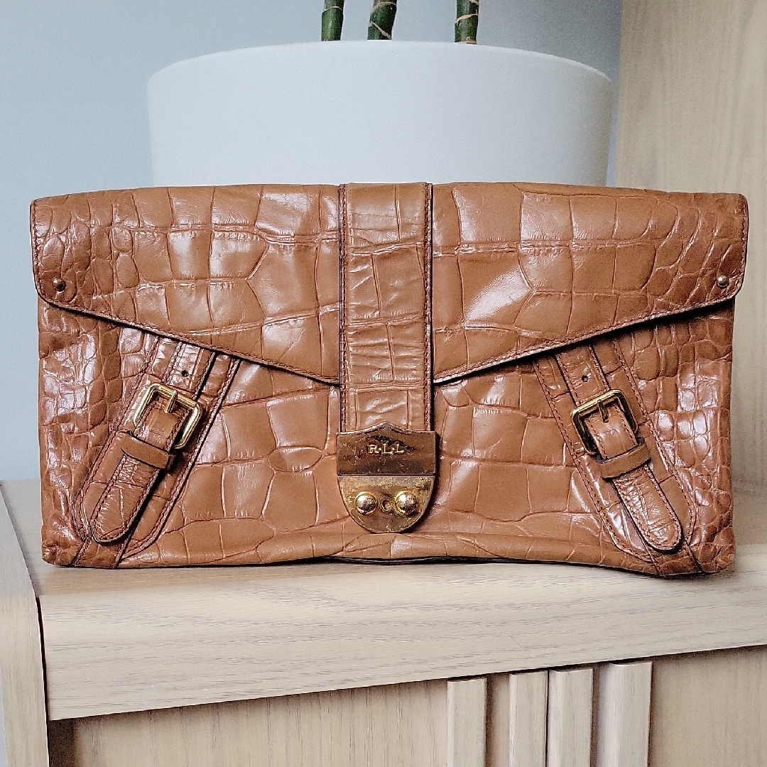 Vintage Lauren Ralph Lauren Brown Croc Embossed Leather Clutch W Locking Flap
